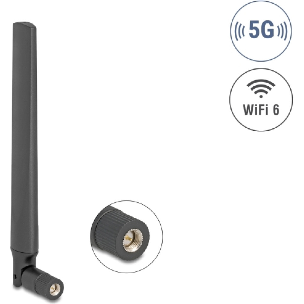 Delock 5G LTE GNSS WiFi 6 Antenna SMA plug 0.9 - 4.1 dBi 183 mm omnidirectional with tilt joint black