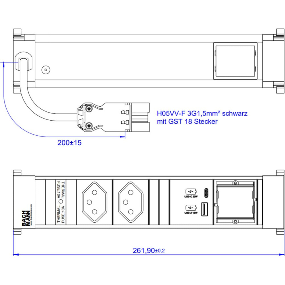 Bachmann POWER FRAME M 2xCH, 1xUSB A&C 22W 1xCM 0.2m GST18 Switzerland