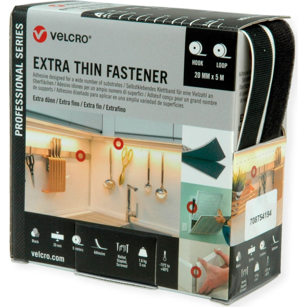 Velcro &reg; Extra Thin Fastener 5m Hakenband 5m Flauschband, Haken & Flausch 20mm schwarz