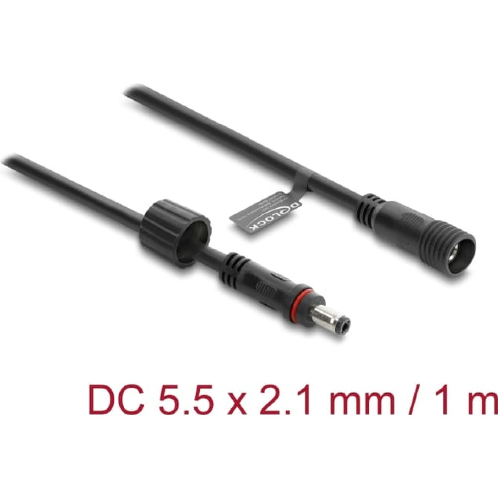 Delock DC Extension Cable 5.5 x 2.1 mm male to female with screw cap M12 x 1.75 mm thread waterproof 18 AWG 1 m black