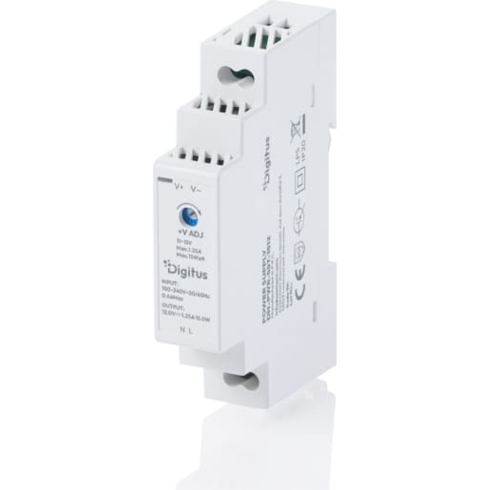 Digitus 12V / 1.25A / 15W Step-Shape DIN-Rail Power Supply (Ultra-Slim, Class II)