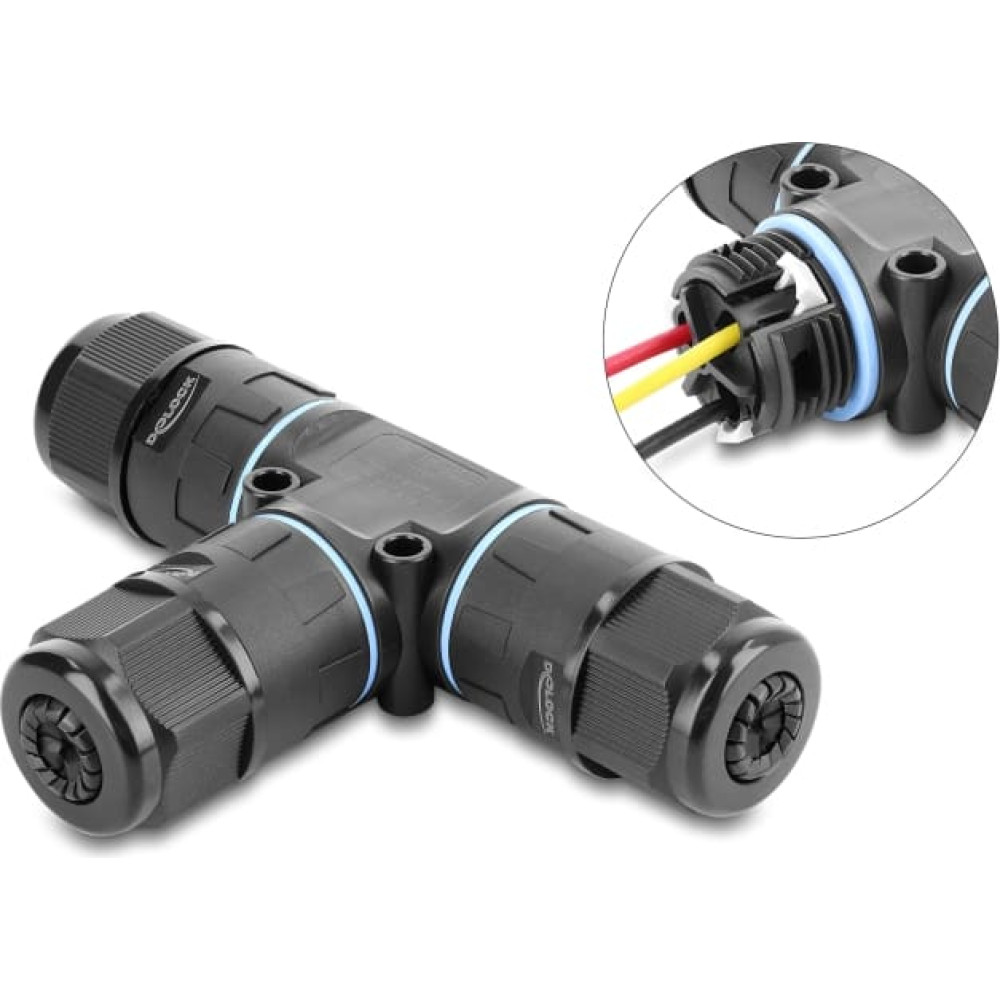 Delock Cable Connector T-shape with clamp connection 3 pin, IP68 waterproof, cable diameter 5 - 9 mm, incl. seal for 9 - 12 mm, tool-free black