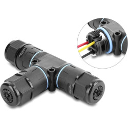 Delock Cable Connector T-shape with clamp connection 3 pin, IP68 waterproof, cable diameter 5 - 9 mm, incl. seal for 9 - 12 mm, tool-free black