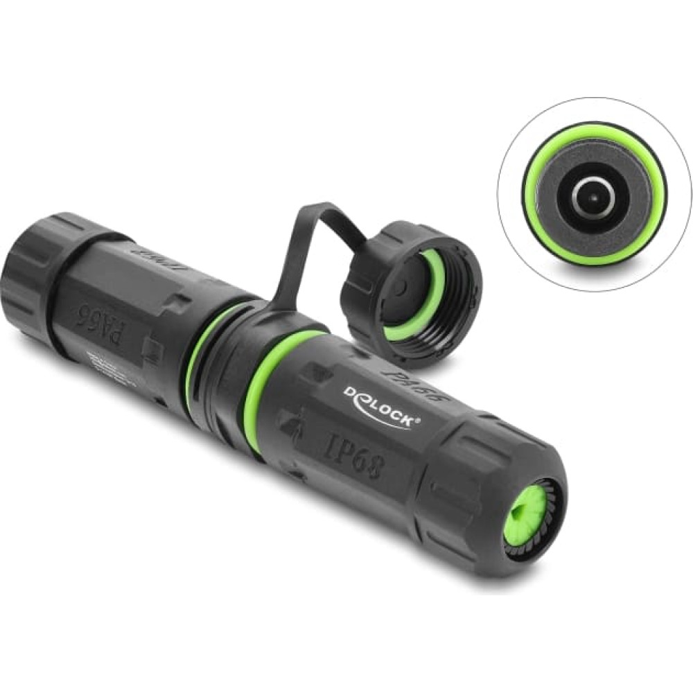 Delock Cable Connector DC 5.5 x 2.1 mm female to DC 5.5 x 2.1 mm female with M20 x 1.5 mm thread and protective cap with housing compatible with Starlink IP68 dust and waterproof