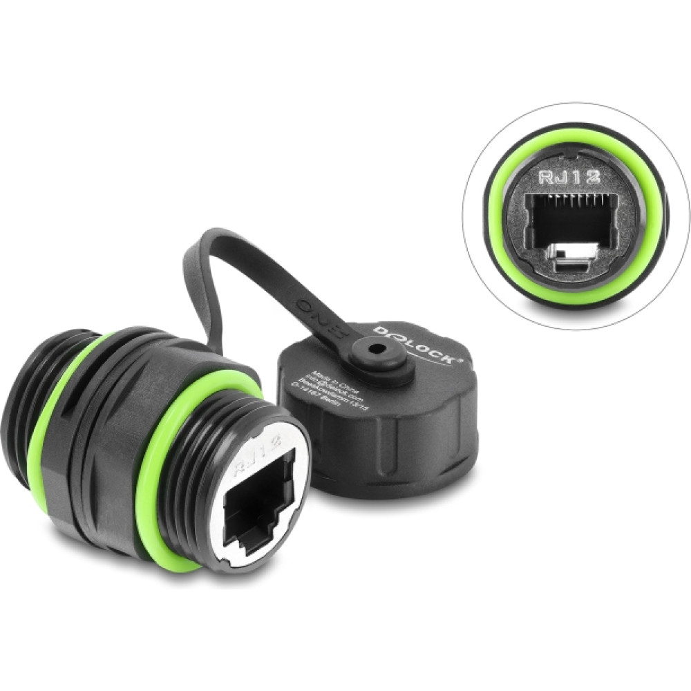 Delock Cable Connector RJ12 jack to RJ12 jack with M20 x 1.5 mm thread and protective cap IP68 dust and waterproof