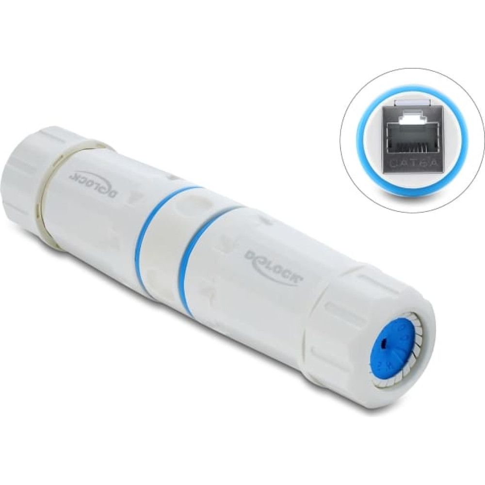 Delock Cable Connector RJ45 jack to RJ45 jack Cat.6A with M23.5 x 1.5 mm thread IP68 dust and waterproof white