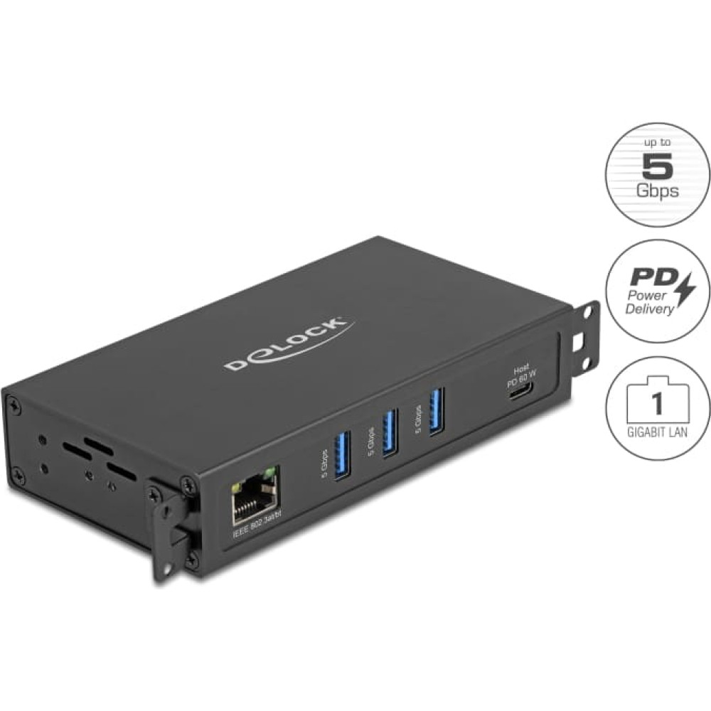 Delock 3 Port USB 5 Gbps Hub + RJ45 Gigabit LAN PoE++ Port with USB Type-C&trade; host-connector in metal case and 1.5 kV Isolation