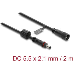 Delock DC Extension Cable 5.5 x 2.1 mm male to female with screw cap M12 x 1.75 mm thread waterproof 18 AWG 2 m black