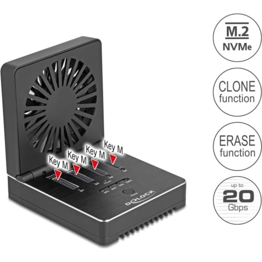 Delock USB 20 Gbps M.2 Docking Station for 4 x M.2 NVMe PCIe SSD with Clone and Erase Function