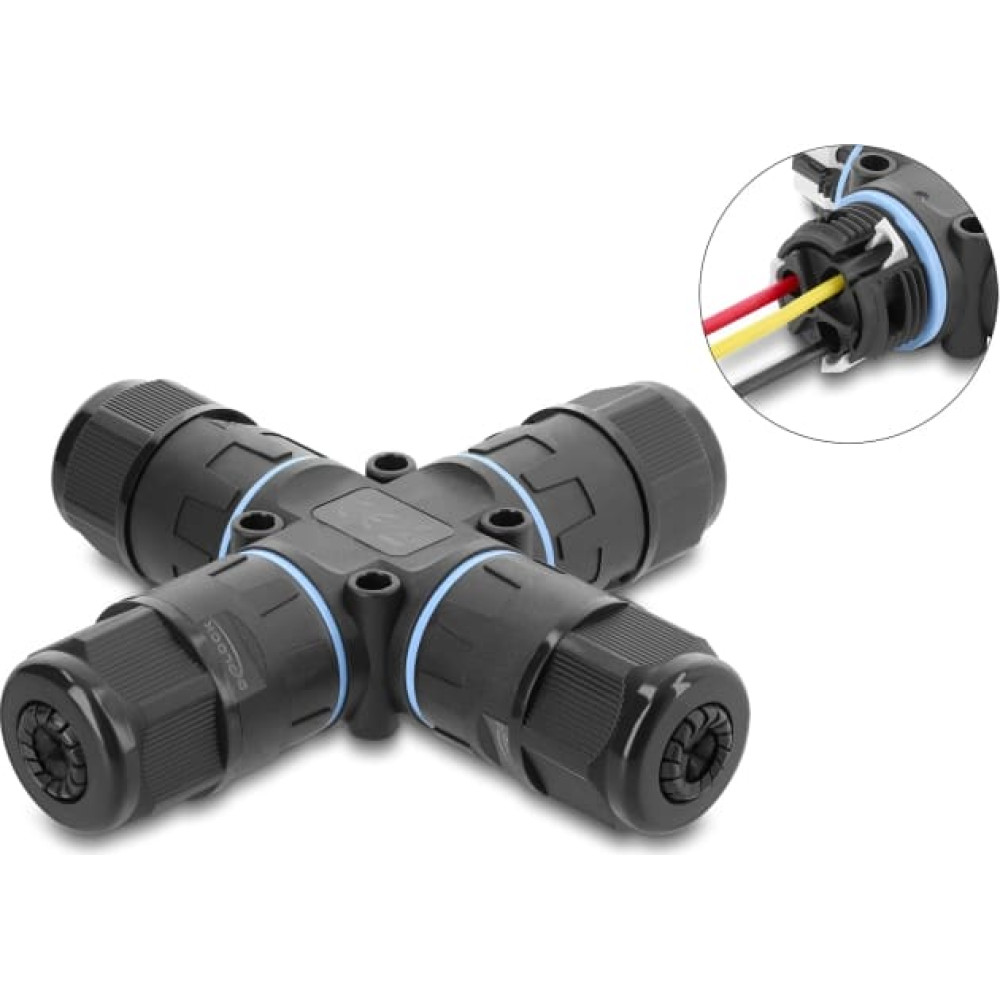 Delock Cable Connector X-shape with clamp connection 3 pin, IP68 waterproof, cable diameter 5 - 9 mm, incl. seal for 9 - 12 mm, tool-free black