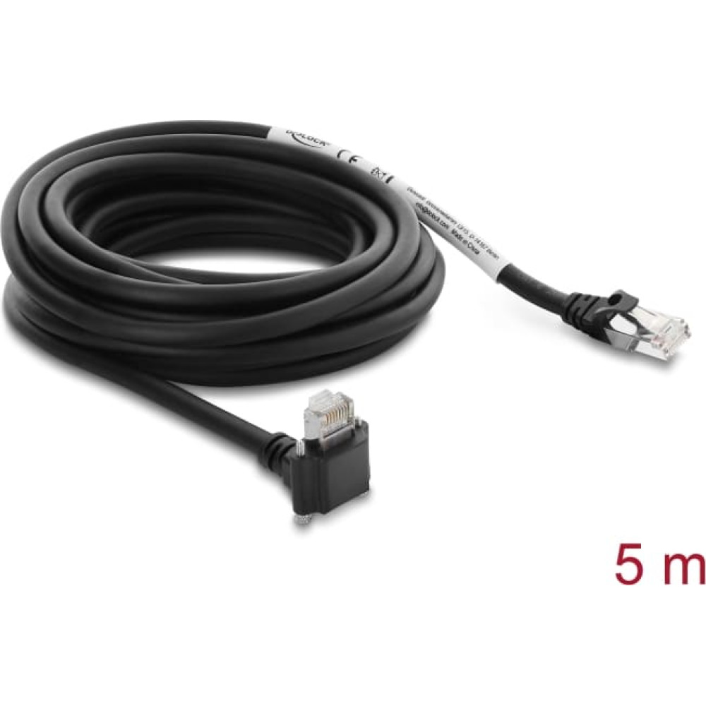 Delock GigE Camera Cable RJ45 plug 90&deg; angled with screws, connector length 28 mm to RJ45 plug Cat.6 S/FTP 5 m black