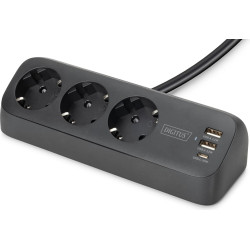 Digitus 3-way office socket strip with 2x USB-A and 1x USB-C connections, black