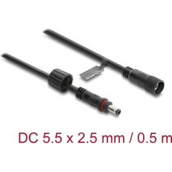 Delock DC Extension Cable 5.5 x 2.5 mm male to female with screw cap M12 x 1.75 mm thread waterproof 18 AWG 0.5 m black