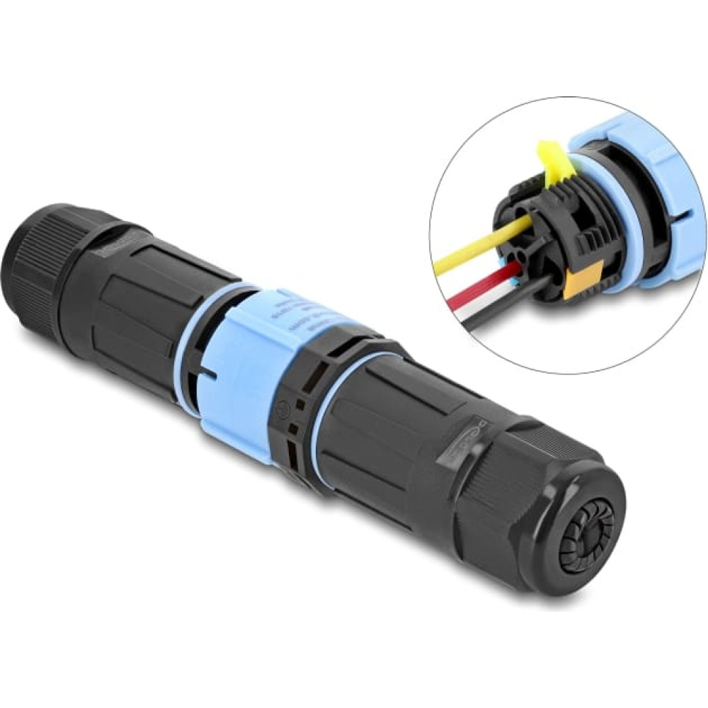 Delock Cable Connector with bayonet lock 3 pin male to female, IP68 waterproof, cable diameter 5 - 9 mm, incl. seals for 9 - 12 mm tool-free black