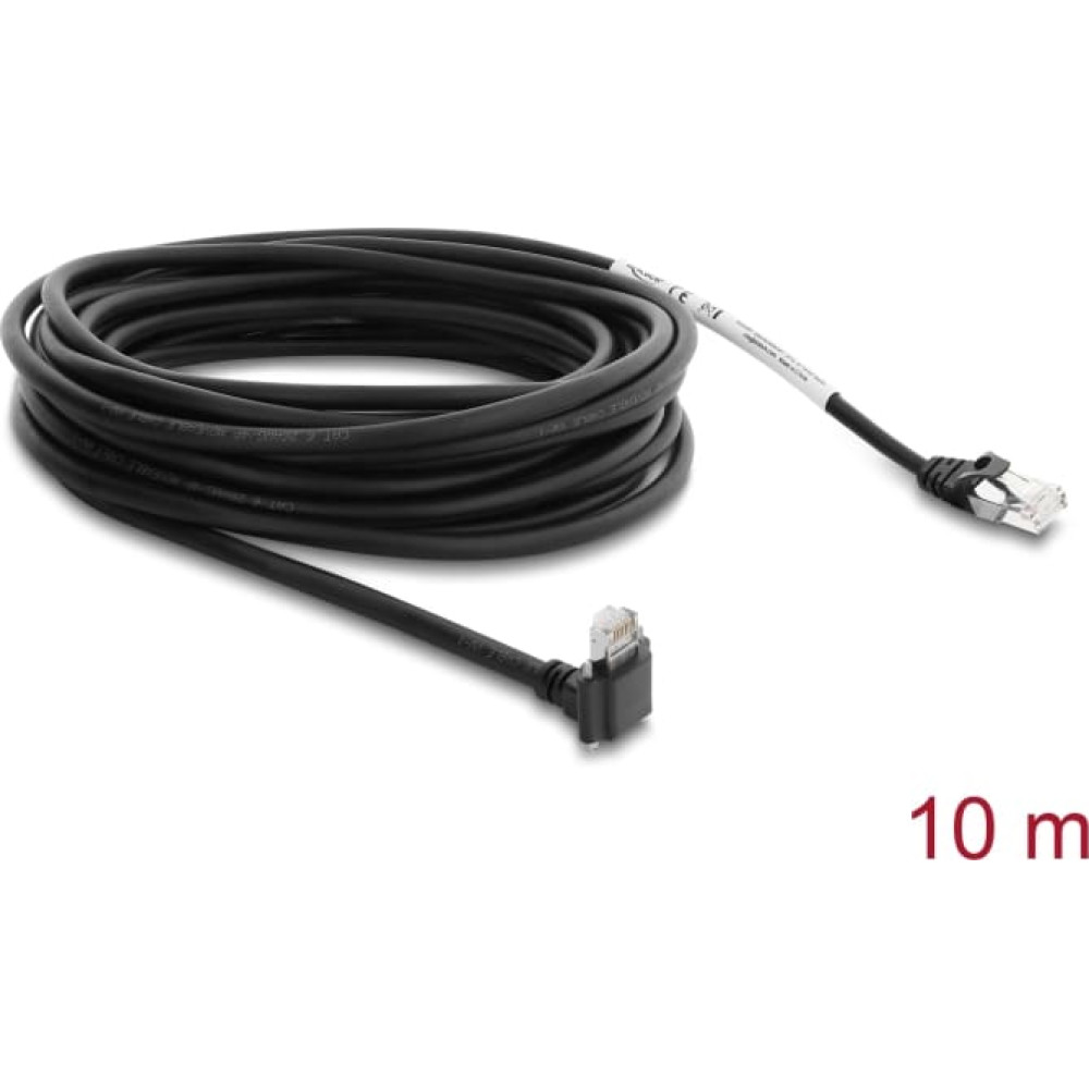 Delock GigE Camera Cable RJ45 plug 90&deg; angled with screws, connector length 28 mm to RJ45 plug Cat.6 S/FTP 10 m black