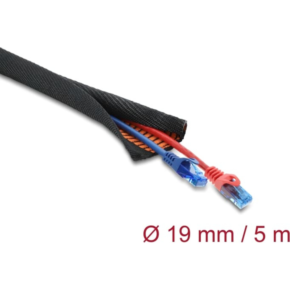 Delock Cable Protection Sleeve with orange Wear Warning Indicator self-closing double-layered 5 m x 19 mm black