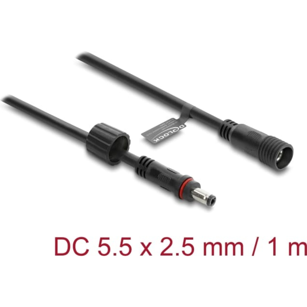 Delock DC Extension Cable 5.5 x 2.5 mm male to female with screw cap M12 x 1.75 mm thread waterproof 18 AWG 1 m black