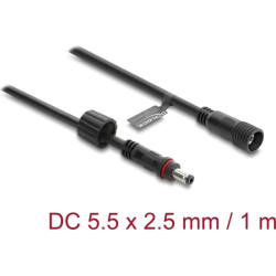 Delock DC Extension Cable 5.5 x 2.5 mm male to female with screw cap M12 x 1.75 mm thread waterproof 18 AWG 1 m black