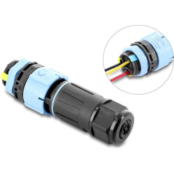 Delock Cable Connector with bayonet lock 3 pin male to female with housing for built-in, IP68 waterproof, cable diameter 5 - 9 mm, incl. seals for 9 - 12 mm tool-free black
