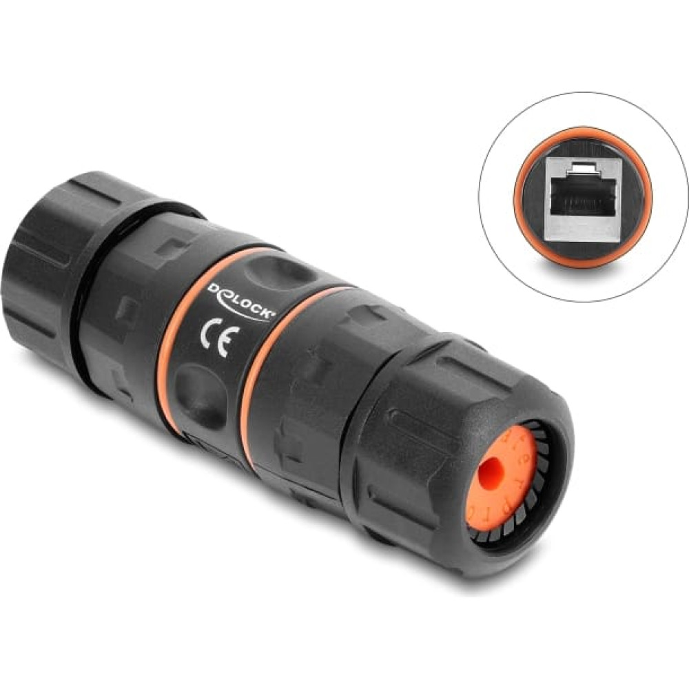 Delock Cable Connector RJ45 jack to RJ45 jack Cat.6A with M23.5 x 1.5 mm thread, short design, IP68 dust and waterproof