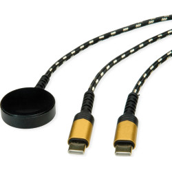 Roline USB Split-Ladekabel, bis 60W + Ladepad (bis 15W), f&uuml;r Apple-Ger&auml;te, Typ C - C, schwarz / gold, 1,2 m