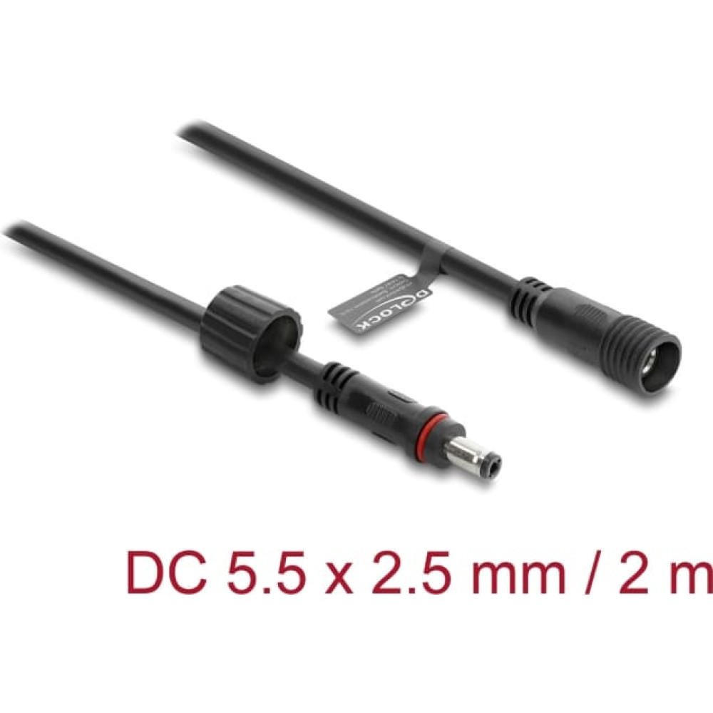 Delock DC Extension Cable 5.5 x 2.5 mm male to female with screw cap M12 x 1.75 mm thread waterproof 18 AWG 2 m black