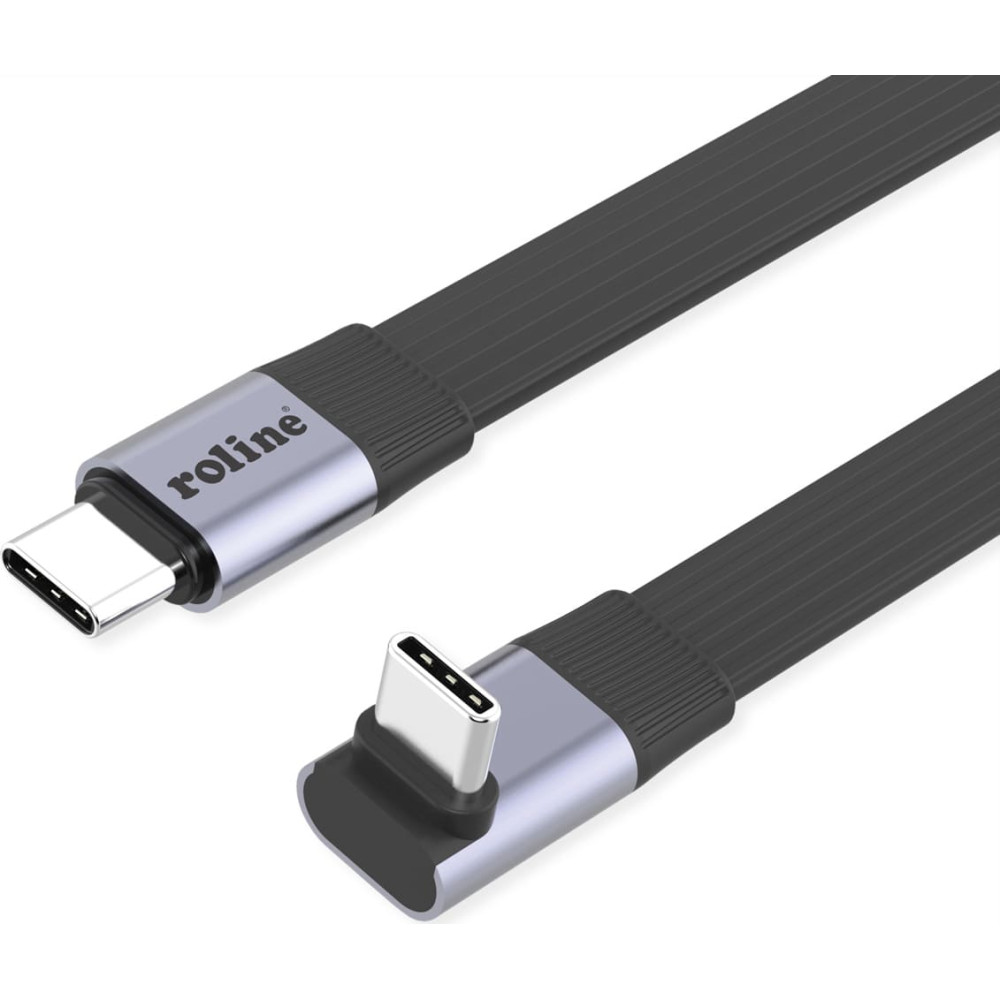 Roline Cable USB4 2.0, Flat, Straight-270&deg; Angled, with Emark, C&ndash;C, M/M, 8K UHD-2, 80Gbit/s, 240W, black, 0.8 m