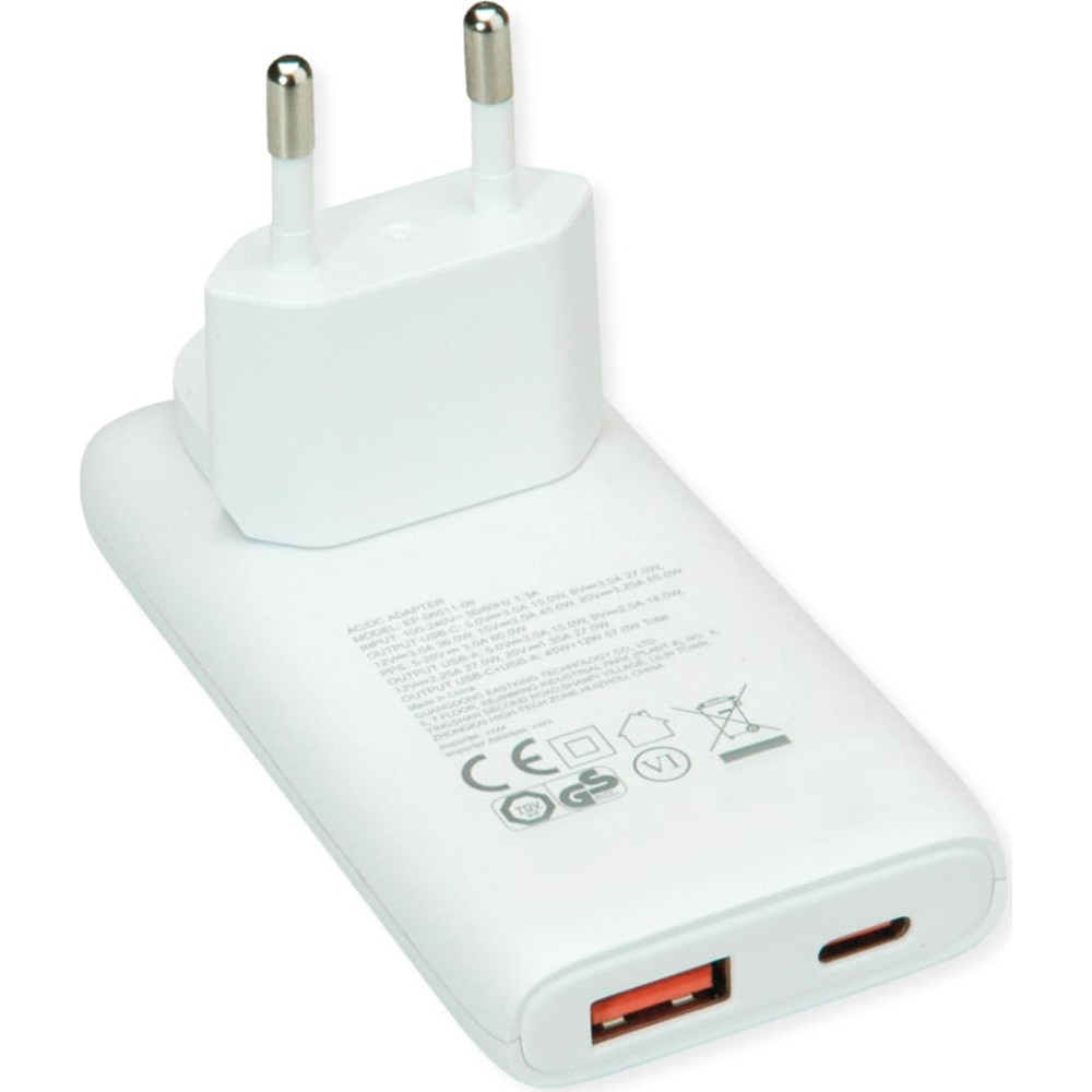 Value USB Wall Charger, EU/US Plug, 2x Ports (A+C), 65W, white