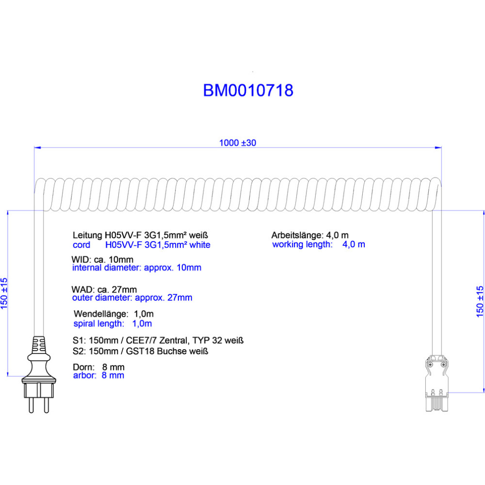 Bachmann Spiralleitung H05VV-F 3G1,5mm&sup2; L:1,0m ws ISV/CEE7/7