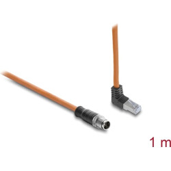 Delock M12 Cable X-coded 8 pin male straight to RJ45 plug angled upwards S/FTP shielded 1 m orange