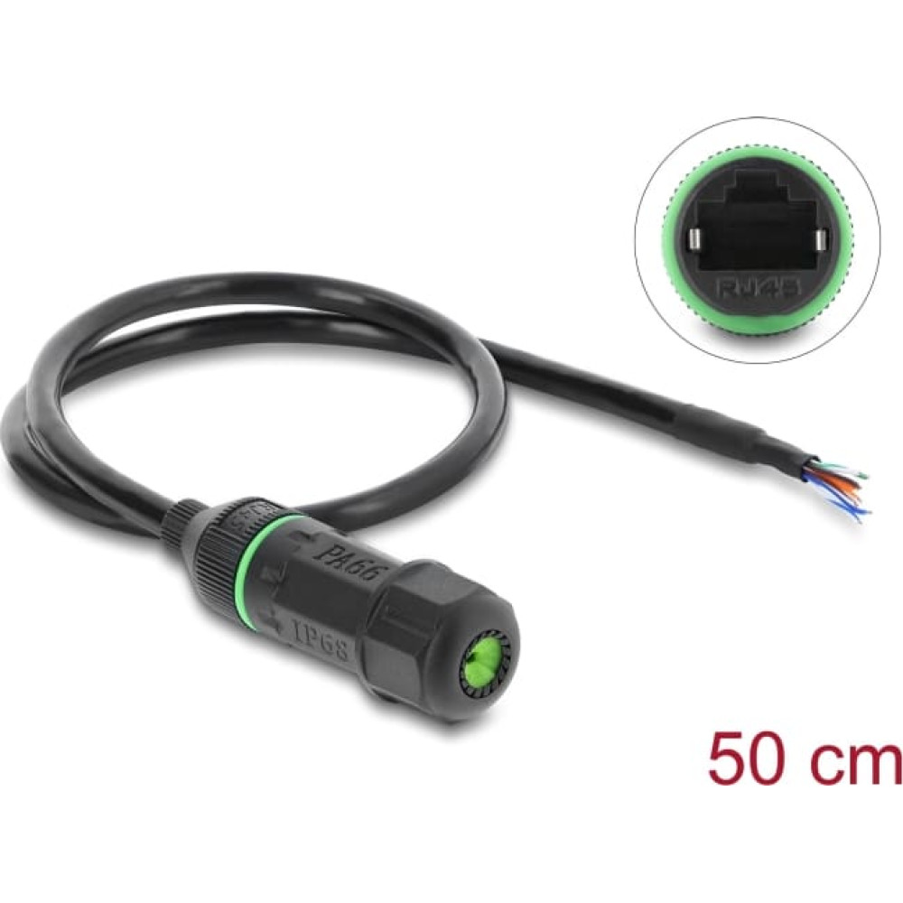 Delock Cable RJ45 jack to open wire ends for installation Cat.6 with M16.8 x 1.5 mm thread and housing 50 cm black