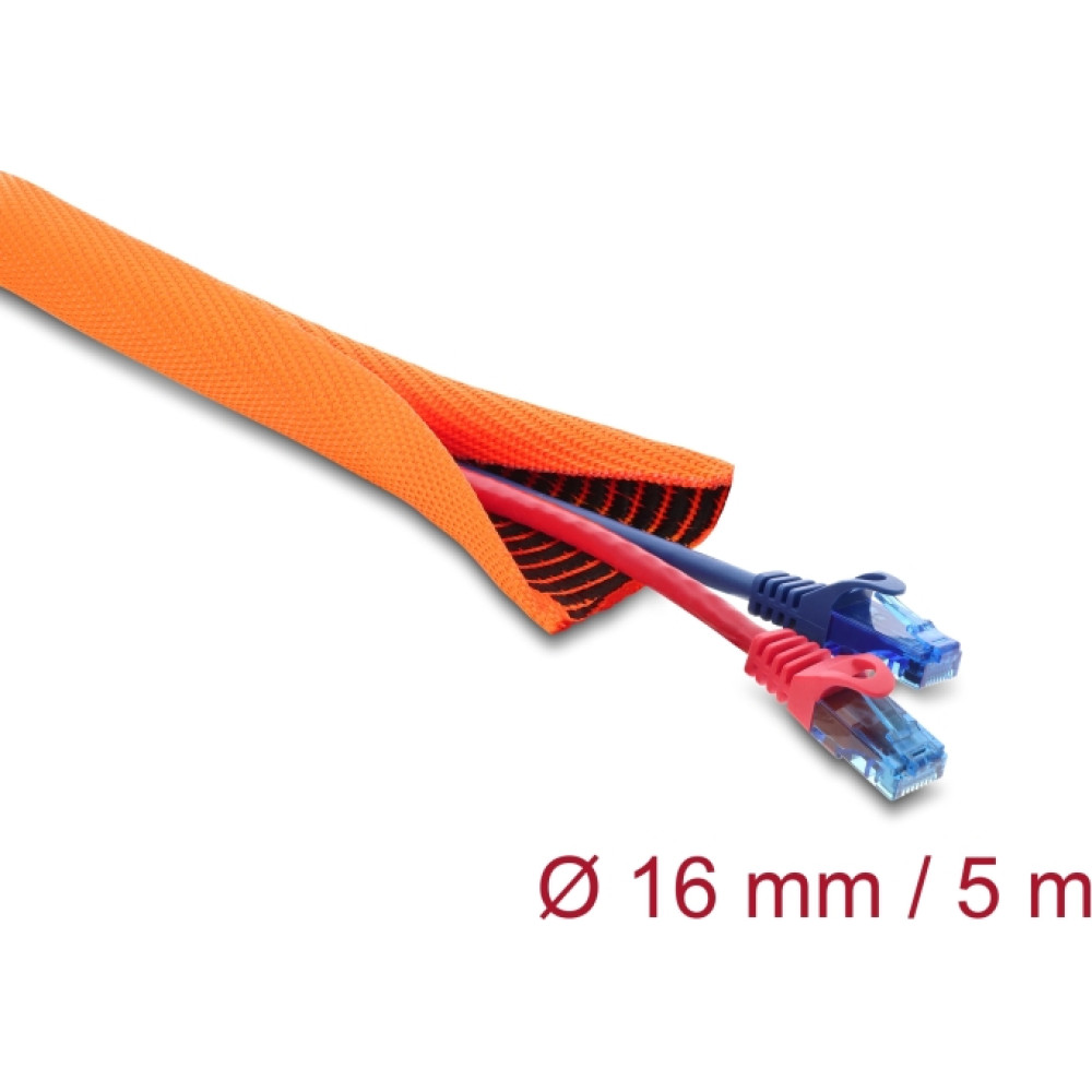 Delock Cable Protection Sleeve with black Wear Warning indicator self-closing double-layered 5 m x 16 mm orange