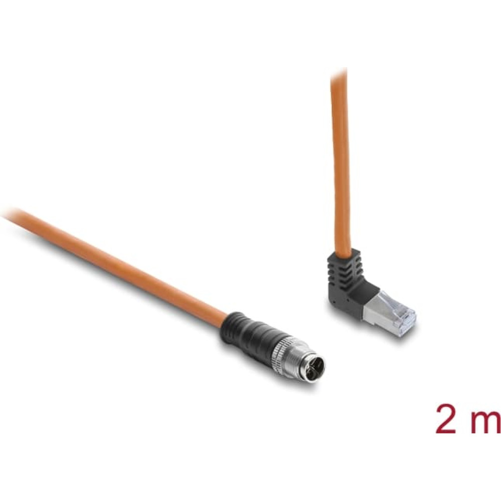 Delock M12 Cable X-coded 8 pin male straight to RJ45 plug angled upwards S/FTP shielded 2 m orange
