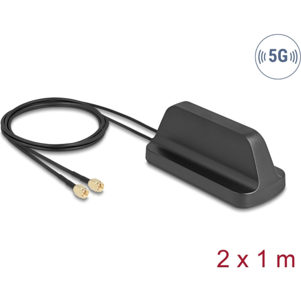 Delock 5G LTE GNSS WiFi 6 MIMO Antenna 2 x SMA plug 2.1 - 3.0 dBi omnidirectional with magnetic base and connection cable ULA100 1 m outdoor black