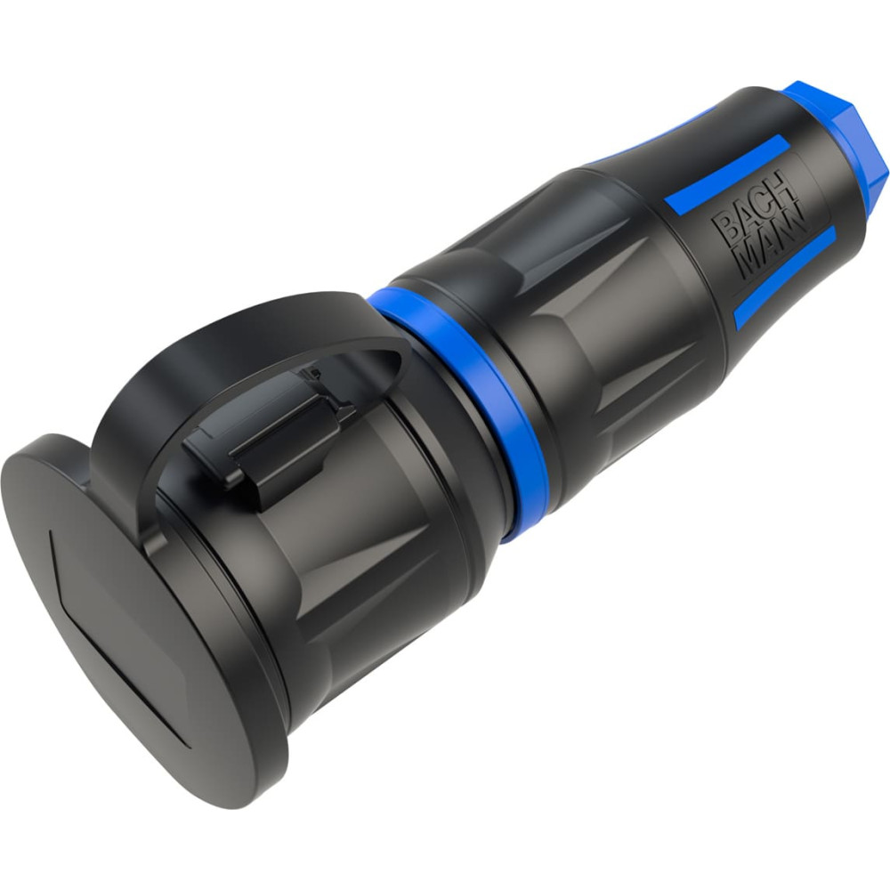 Bachmann Profi-Schutzkontaktkupplung CEE7/3, mit Deckelband gummiert, schwarz-blau