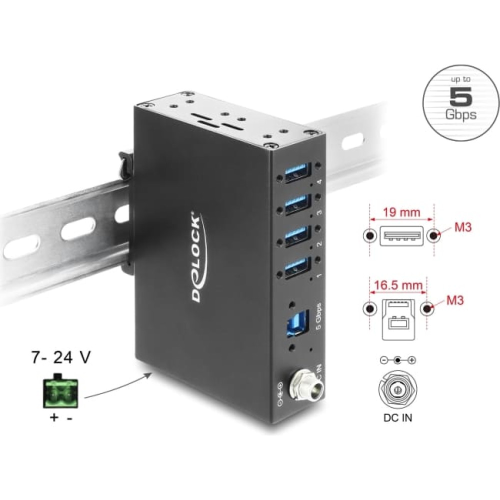 Delock Industry Hub 4 x USB 5 Gbps Type-A with 8 kV ESD protection and DIN rail mounting