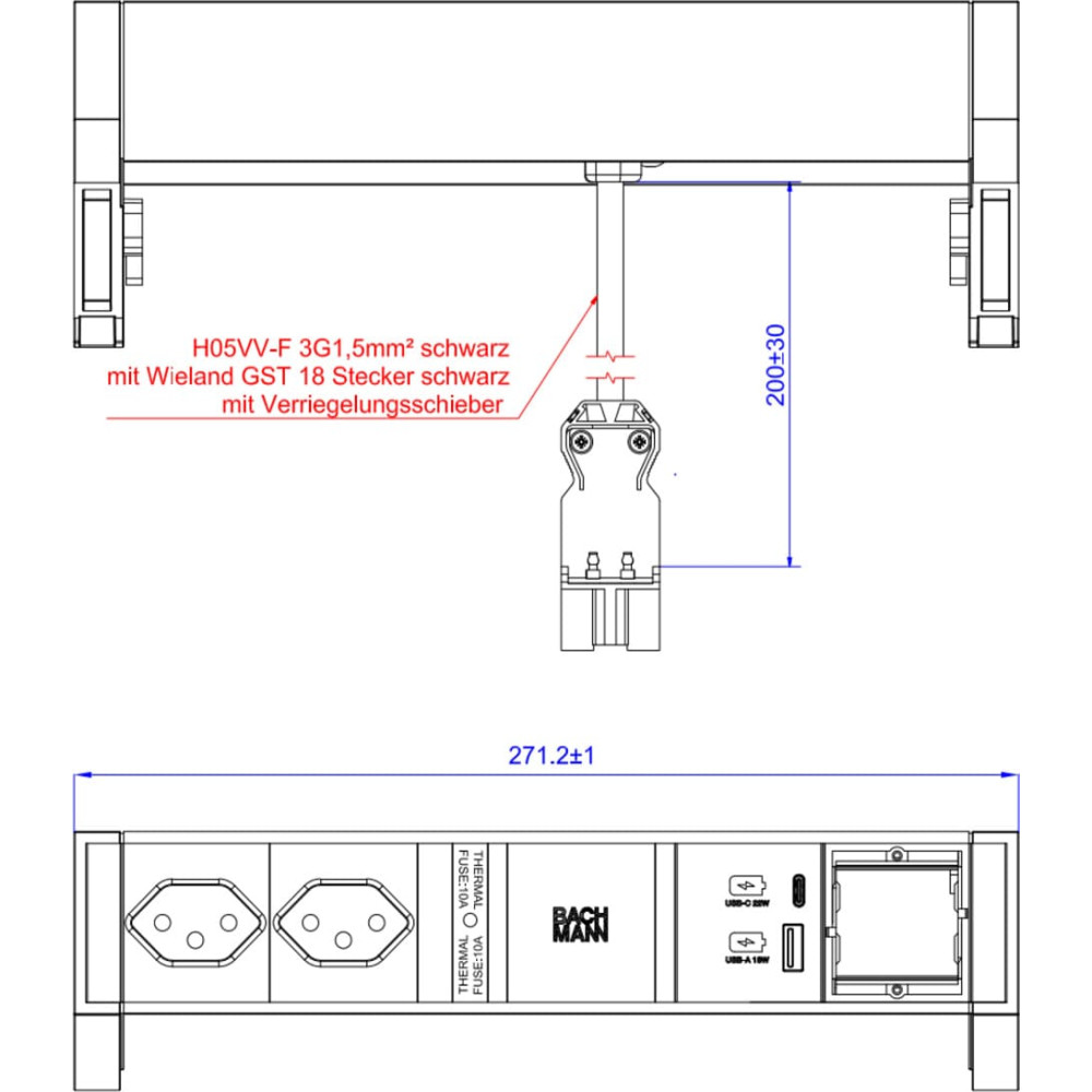 Bachmann DESK2 2xCH 1xUSB A/C 22W 1xCM, 0.2m GST18 INOX Switzerland
