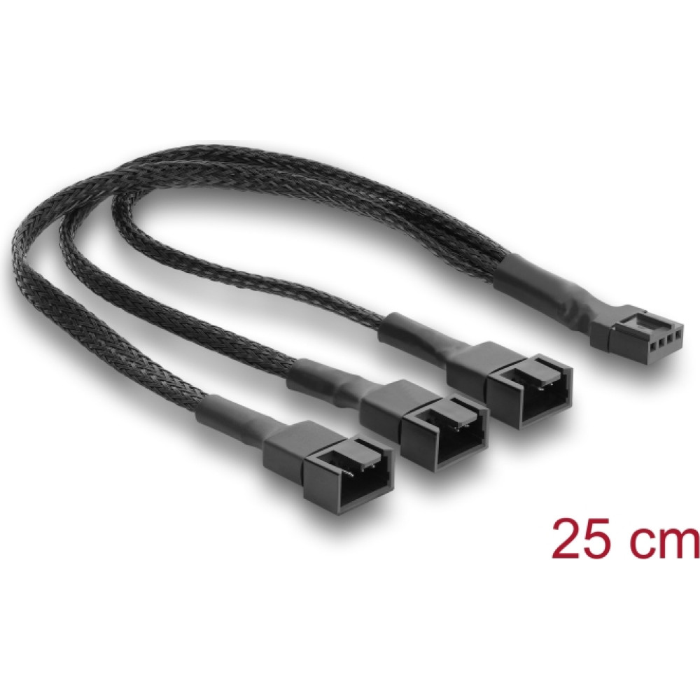 Delock Fan Cable Splitter 1 x 4 pin PWM female to male + 2 x 4 pin (3 pins connected) male with braided jacket 25 cm black