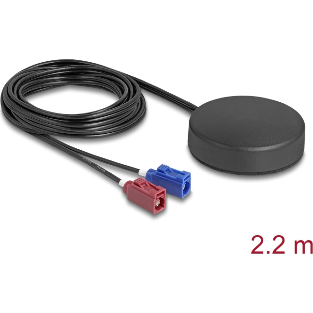 Delock 4G GNSS Antenna 1 x FAKRA C + 1 x FAKRA D jack 2 dBi / 28 dB 2.2 m RG-174 omnidirectional roof mount black outdoor