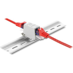 Delock RJ45 Coupler Cat.6A jack to jack with dust protection cap for DIN rail mounting, shielded grey / white