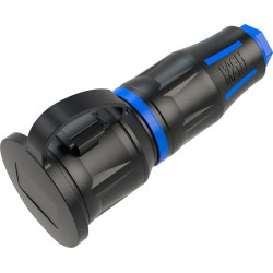 Bachmann Profi-Schutzkontaktkupplung CEE7/3, mit Deckelband, LED, gummiert, schwarz-blau