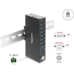 Delock Industry Hub 7 x USB 5 Gbps Type-A with 8 kV ESD protection and DIN rail mounting