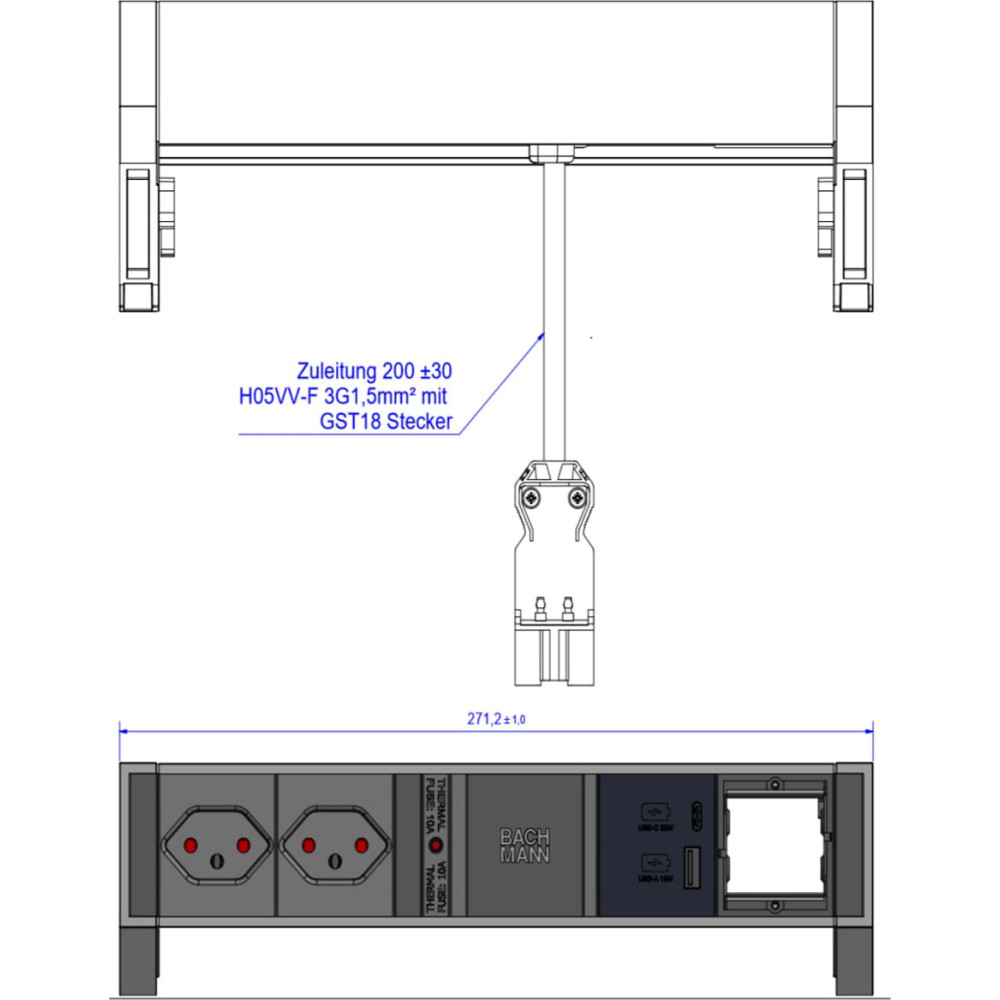 Bachmann DESK2 2xCH 1xUSB A/C 22W 1xCM, 0.2m GST18 RAL9010 Switzerland