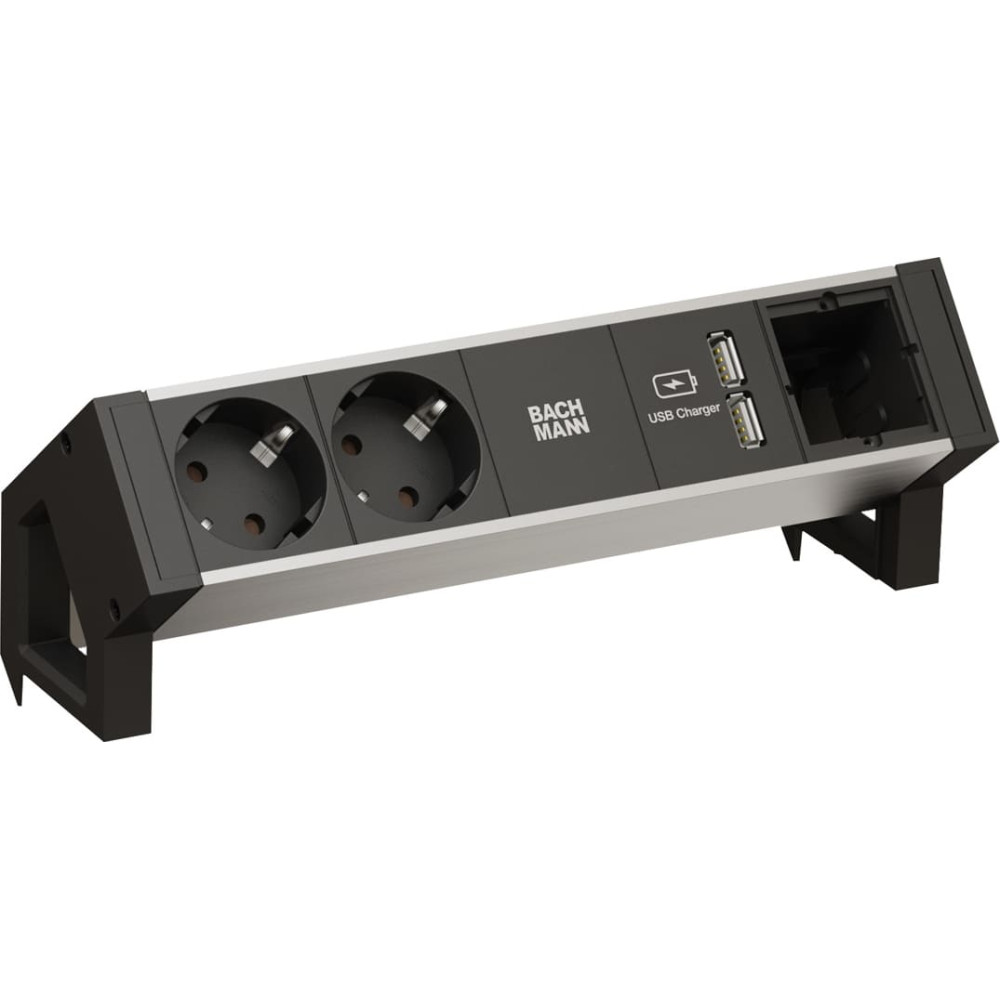 Bachmann DESK2 ALU BLACK 2x earthing contact 1x USB charger 1x ABD GST18