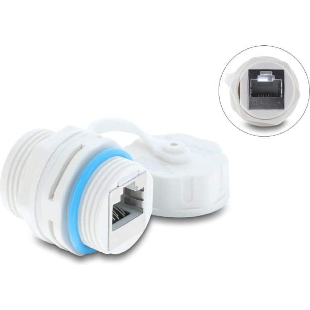 Delock Cable Connector RJ45 jack to RJ45 jack Cat.6A with M23.5 x 1.5 mm thread and protective cap IP68 dust and waterproof white
