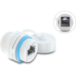 Delock Cable Connector RJ45 jack to RJ45 jack Cat.6A with M23.5 x 1.5 mm thread and protective cap IP68 dust and waterproof white