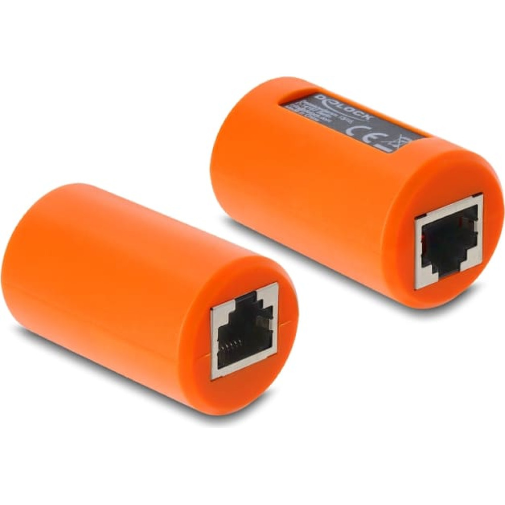 Delock Adapter Coupler RJ45 jack to jack Cat.6A shielded with surge protection round orange