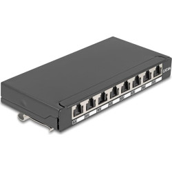 Delock Mini Desktop Patch Panel RJ45 jack 8 port Cat.6A shielded black - for mounting on a table, wall or DIN rail