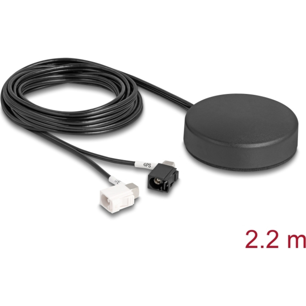 Delock 4G GNSS Antenna 1 x FAKRA A + 1 x FAKRA B jack 2 dBi / 28 dB 2.2 m RG-174 omnidirectional roof mount black outdoor