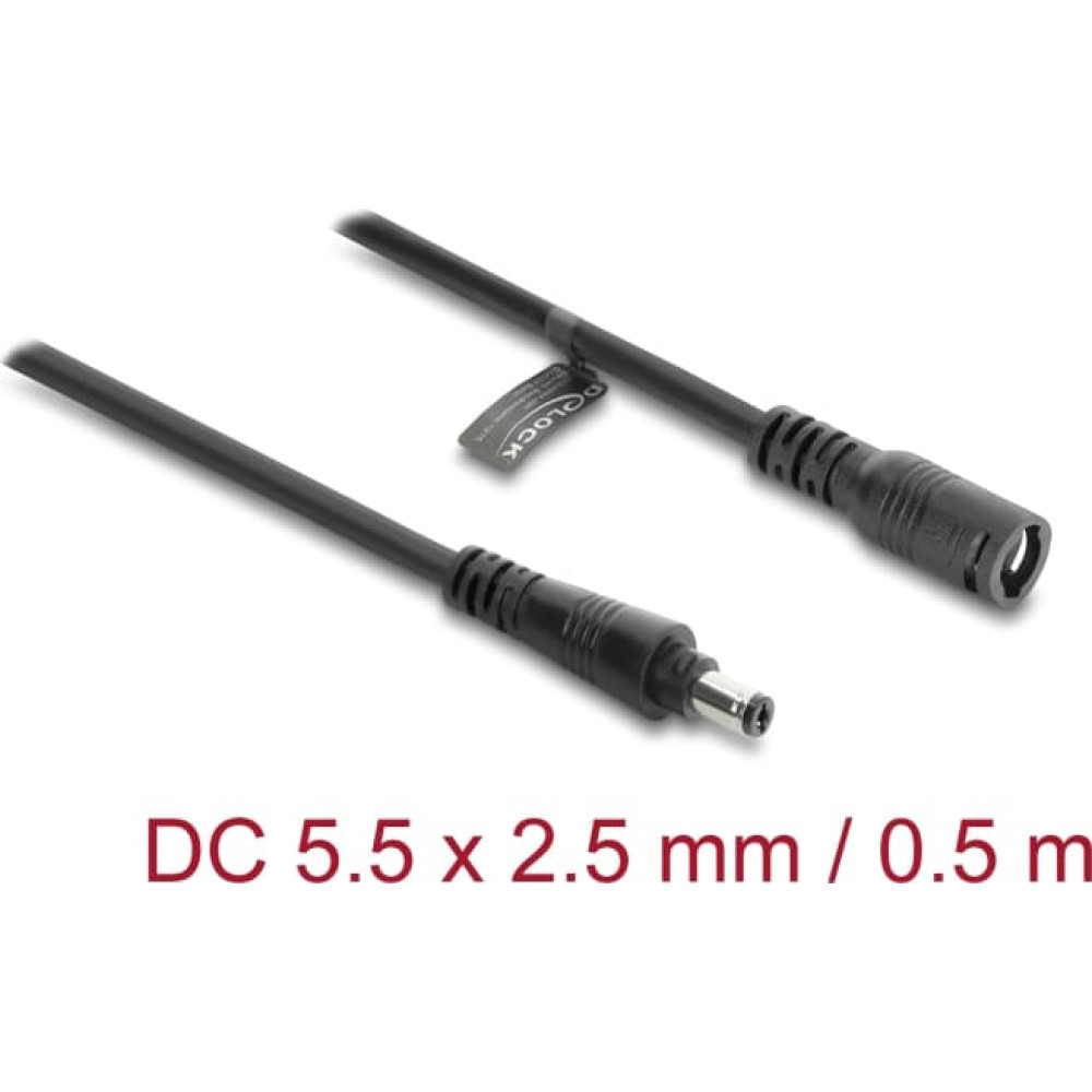 Delock DC Extension Cable 5.5 x 2.5 mm male to female with bayonet lock 18 AWG 0.5 m black